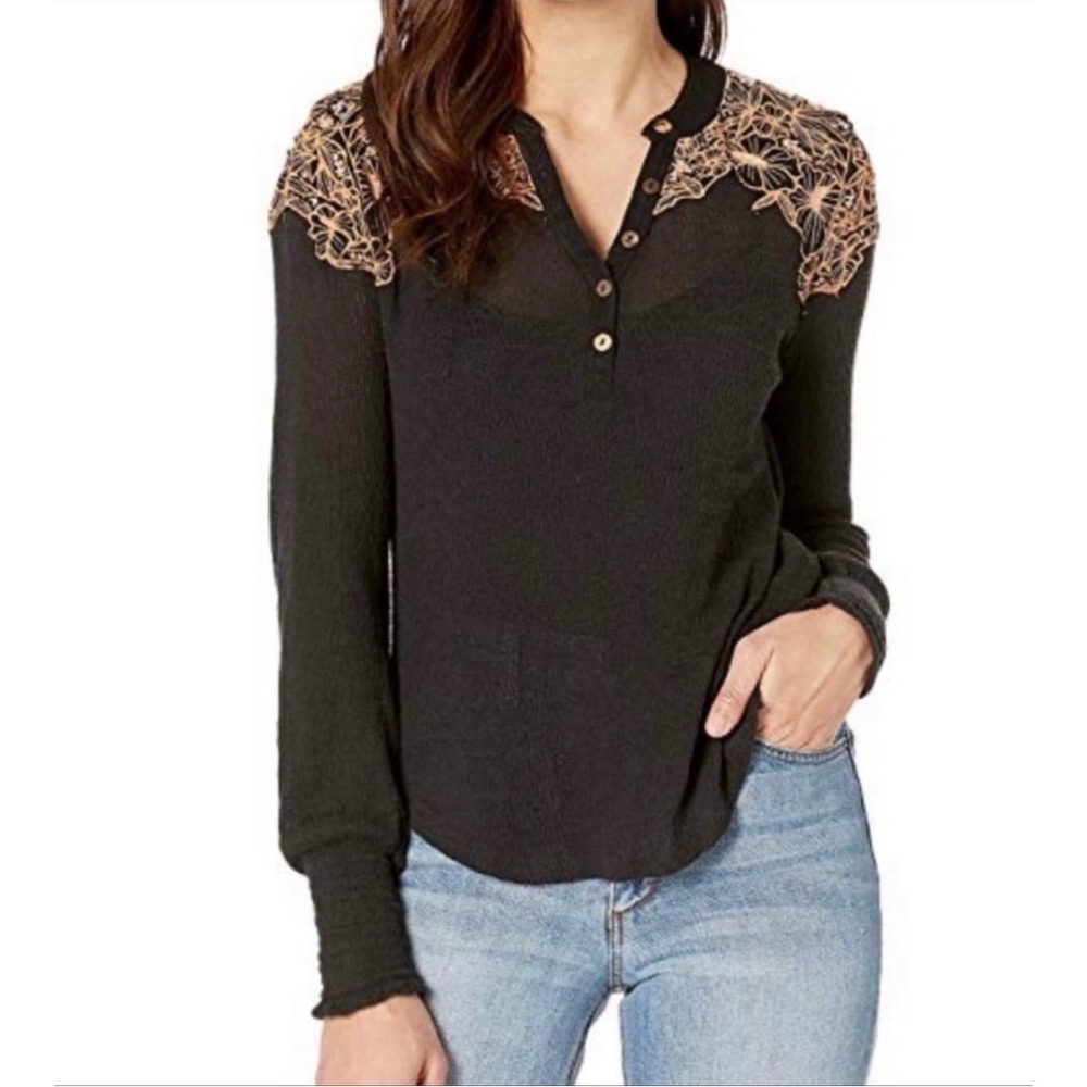 Free People Easy Breezy Henley Black Orange Floral Lace Embroidery Top XS